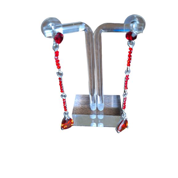 Long Red and Clear Rhinestone Earrings Silver Tone - Picture 2 of 4